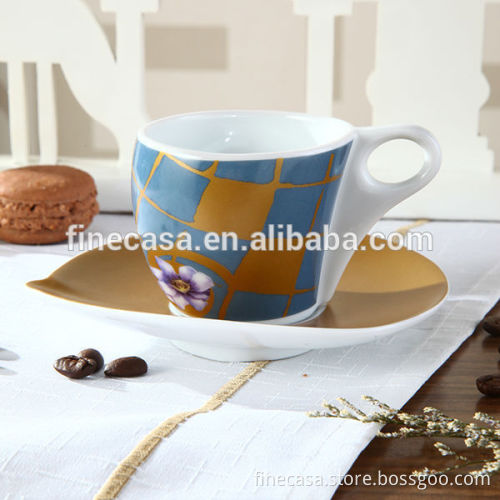 Napoli Gift Collection 230CC Hyper White Porcelain Cup with Gold Coaster of Diagonal Daisy